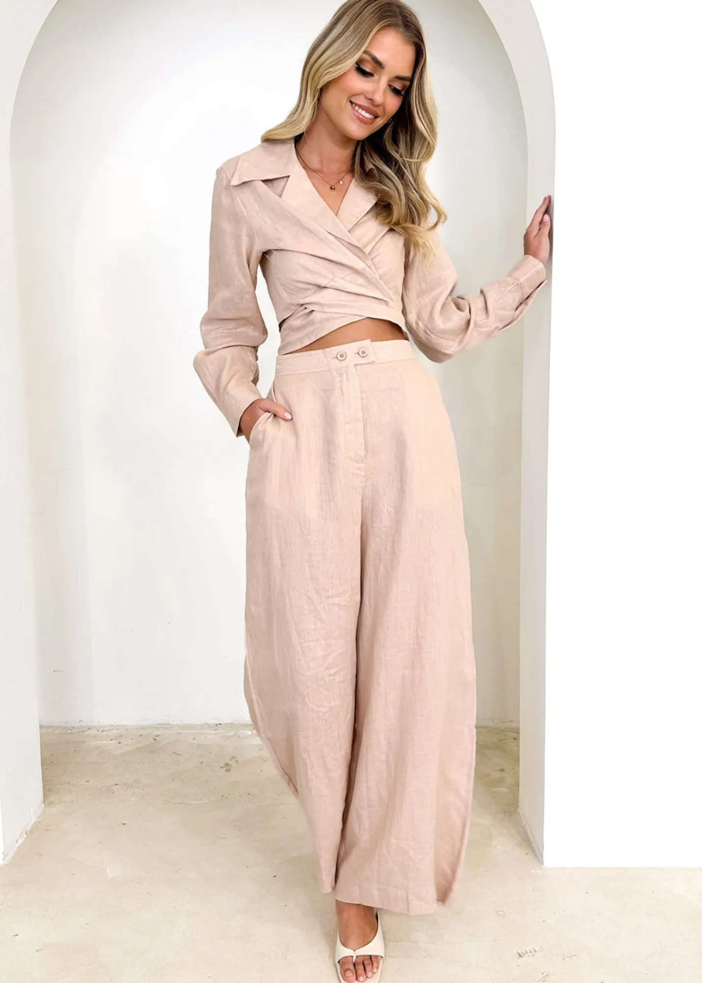 Women Gingham & Heels Sets>Zeus Linen Wrap Top