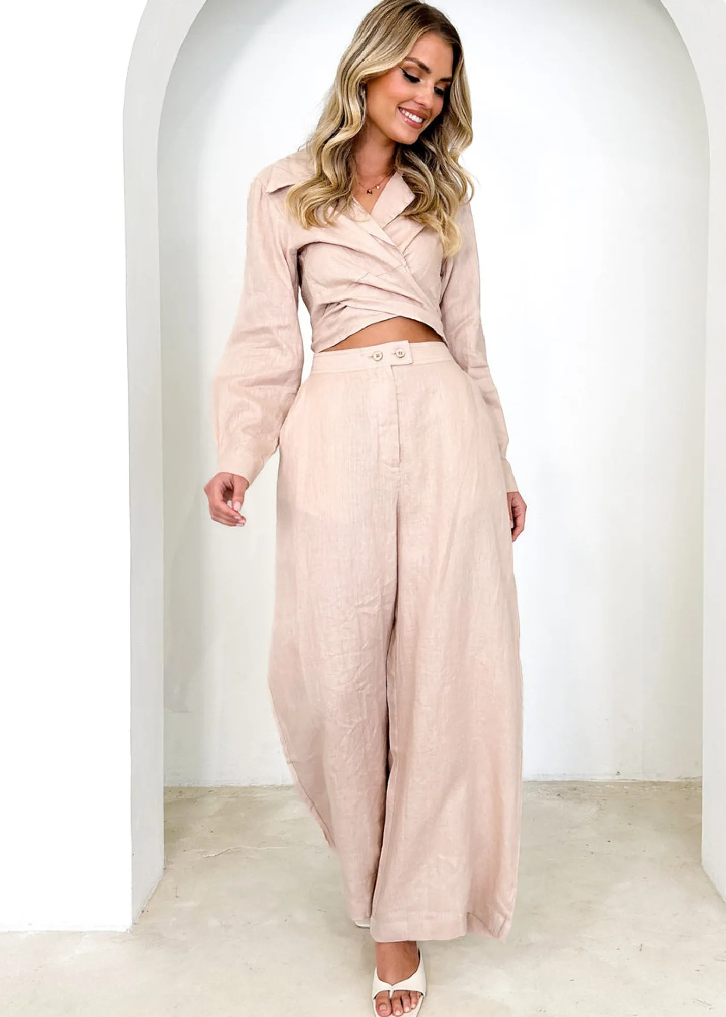 Women Gingham & Heels Sets>Zeus Linen Wrap Top
